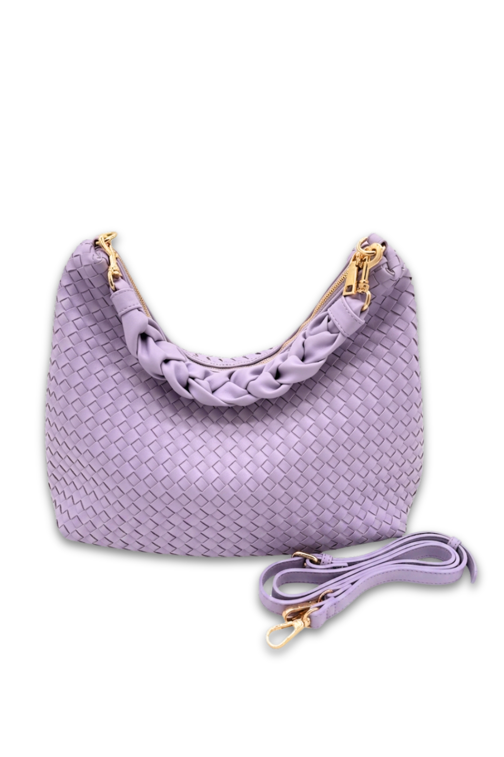 Violet woven handbag with a braided top handle on a white background