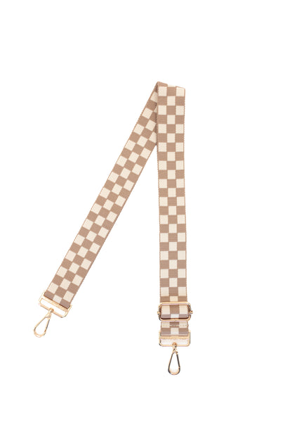 Tan and white Drury Road Lizzie Checkered Purse Strap for Crossbody Bags on a white background.
