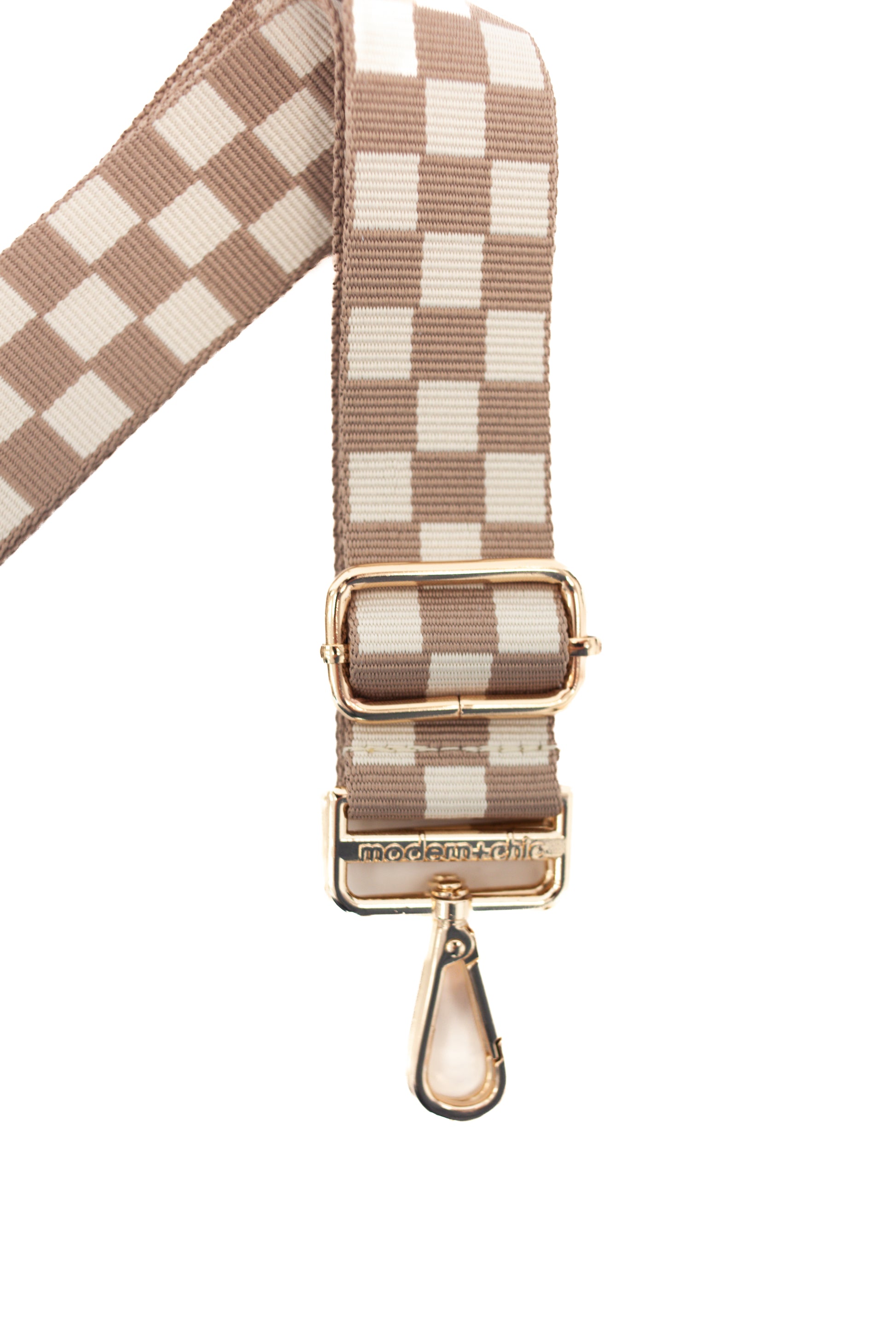 Tan and white Drury Road Lizzie Checkered Purse Strap for Crossbody Bags on a white background.
