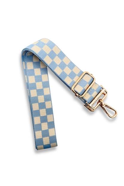 Blue and beige Drury Road Lizzie Checkered Purse Strap for Crossbody Bags on a white background.