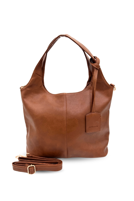 Brown leather handbag with a strap on a white background
