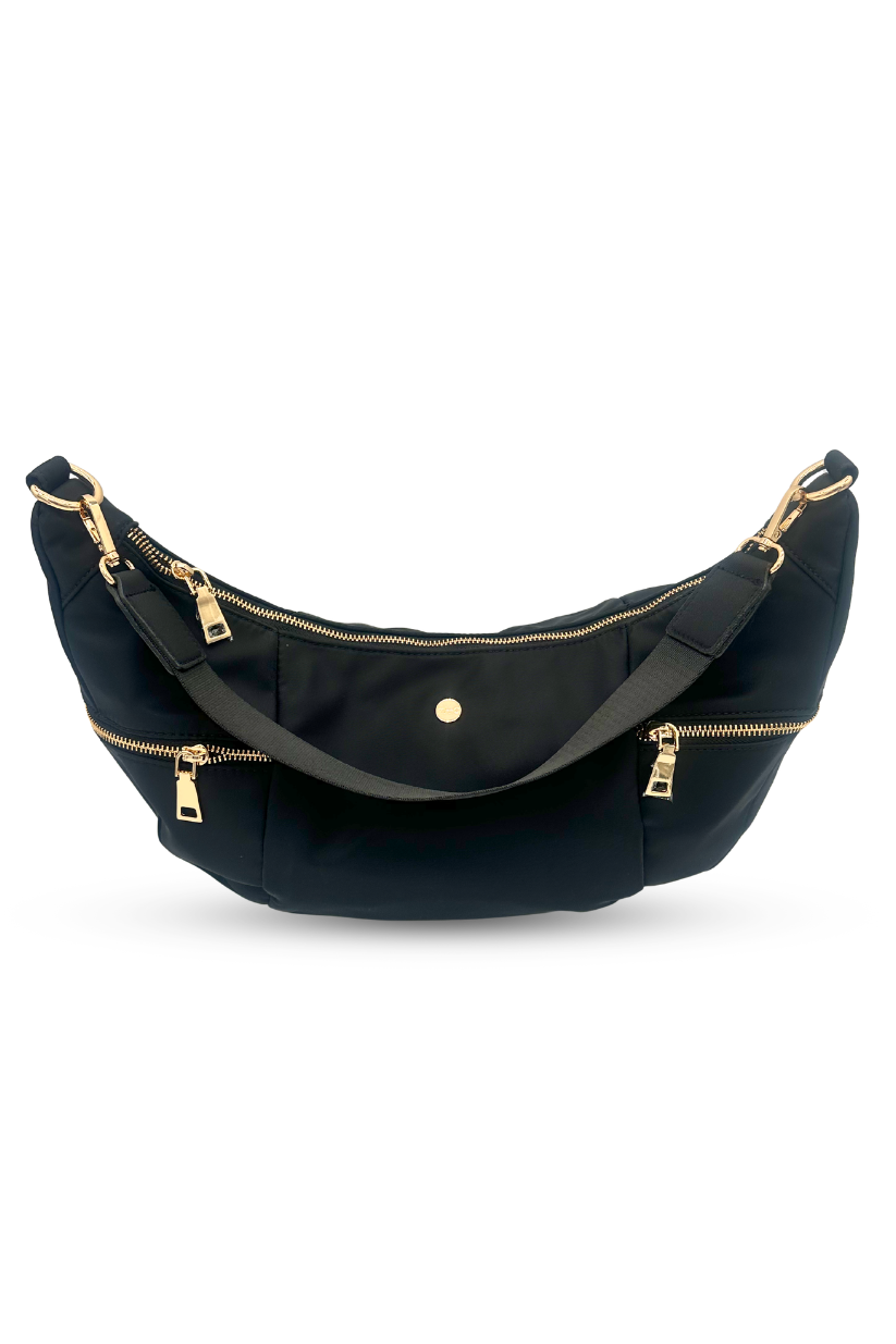 Black Drury Road Parker Crescent Crossbody Bag for Women on a white background.