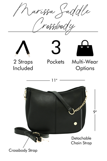 A graphic image showing the features of a black Drury Road Marissa Saddle Crossbody bag with two straps included, and three interior pockets.