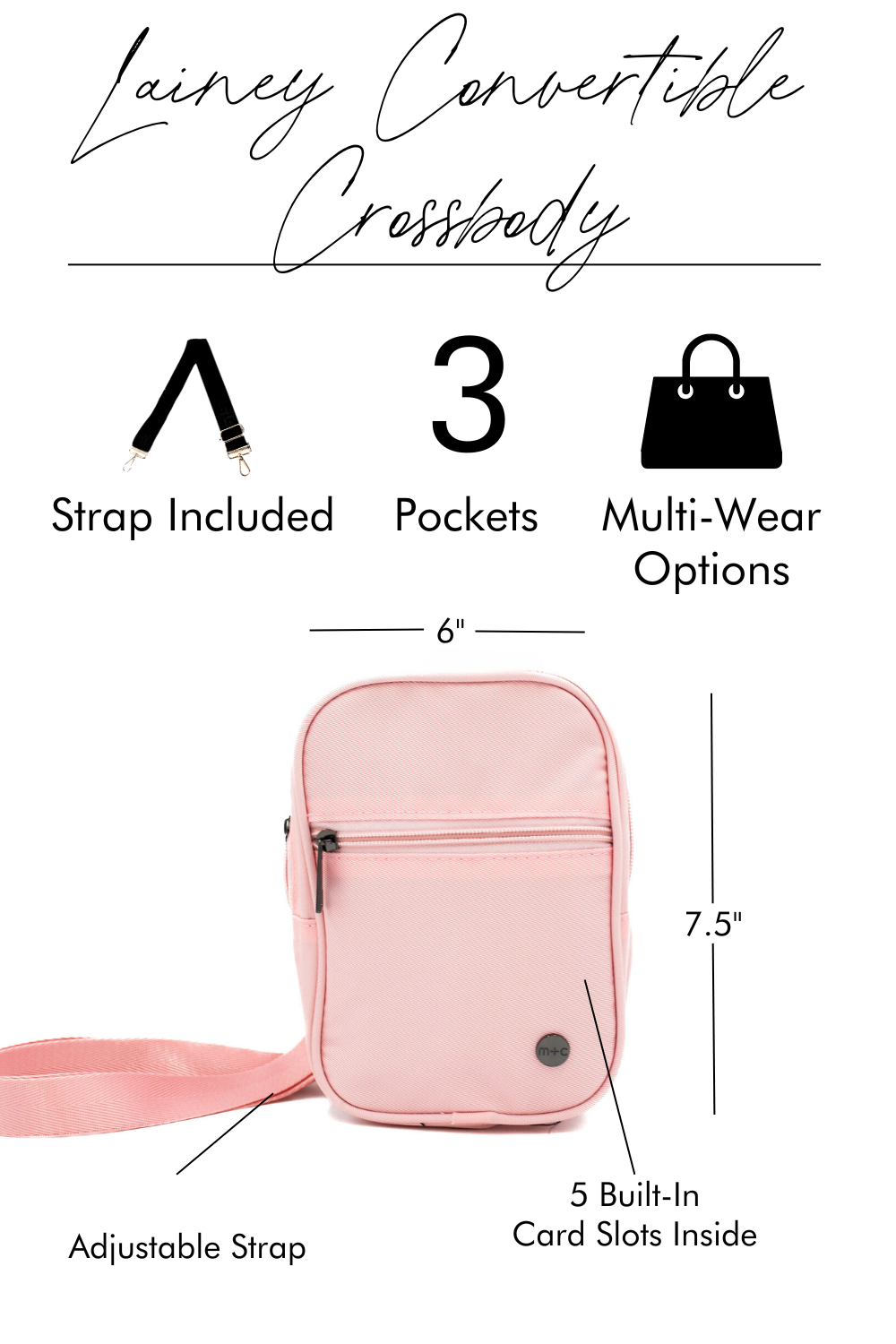 A graphic image showing a pink Drury Road Lainey Convertible Crossbody Bag for Women with the features and benefits called out.