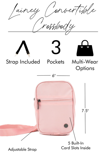 A graphic image showing a pink Drury Road Lainey Convertible Crossbody Bag for Women with the features and benefits called out.