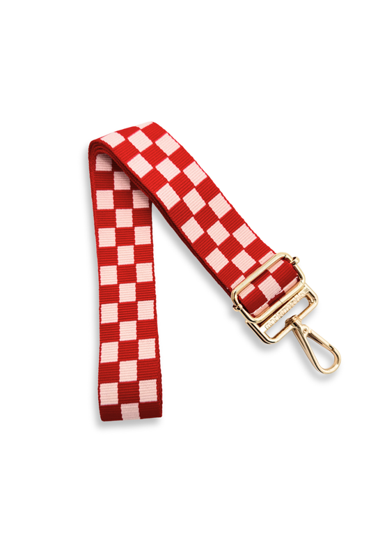 Red and pink Drury Road Lizzie Checkered Purse Strap for Crossbody Bags on a white background.