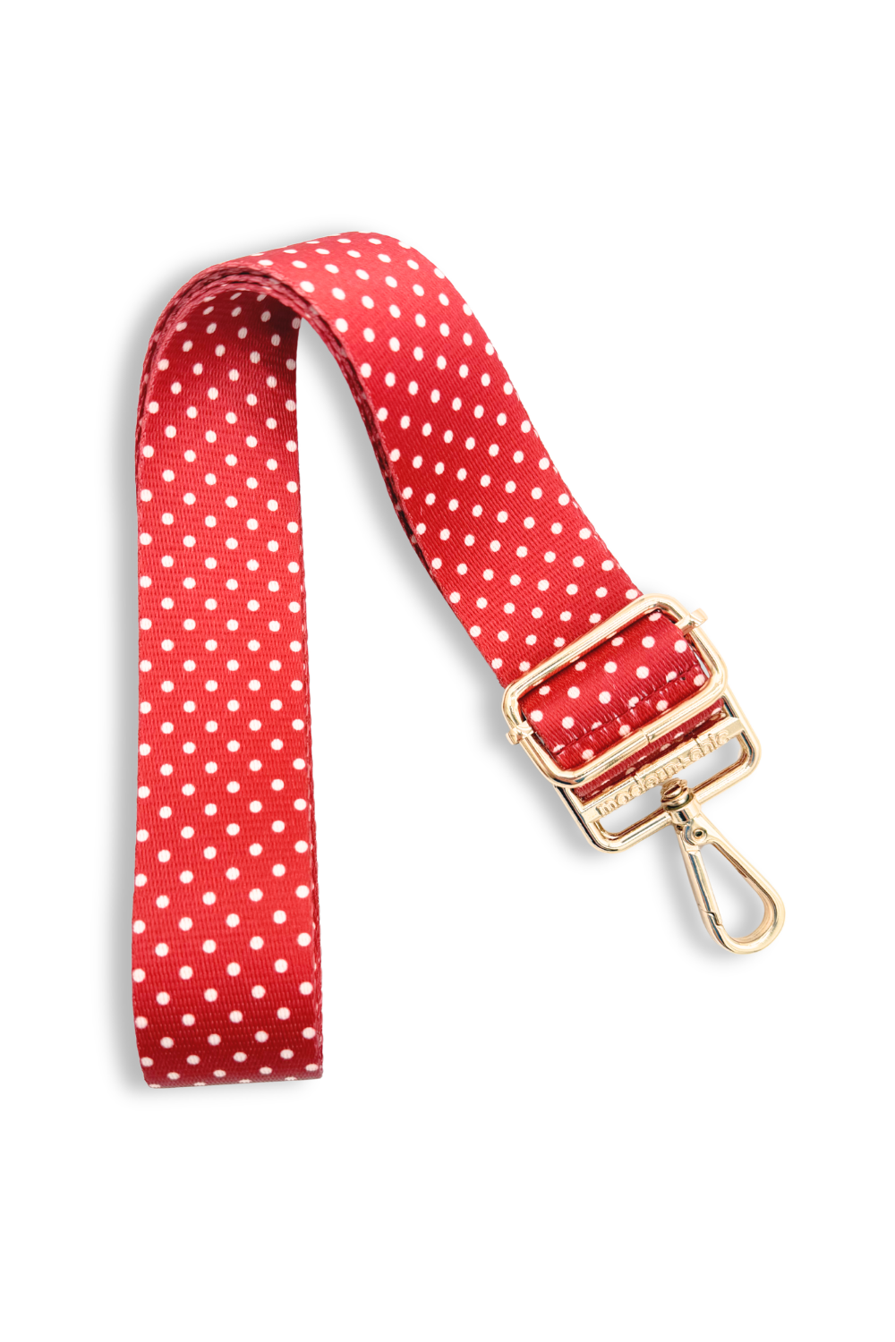 Drury Road red and white Polka Dot Adjustable Purse and Bag Strap on a white background. 