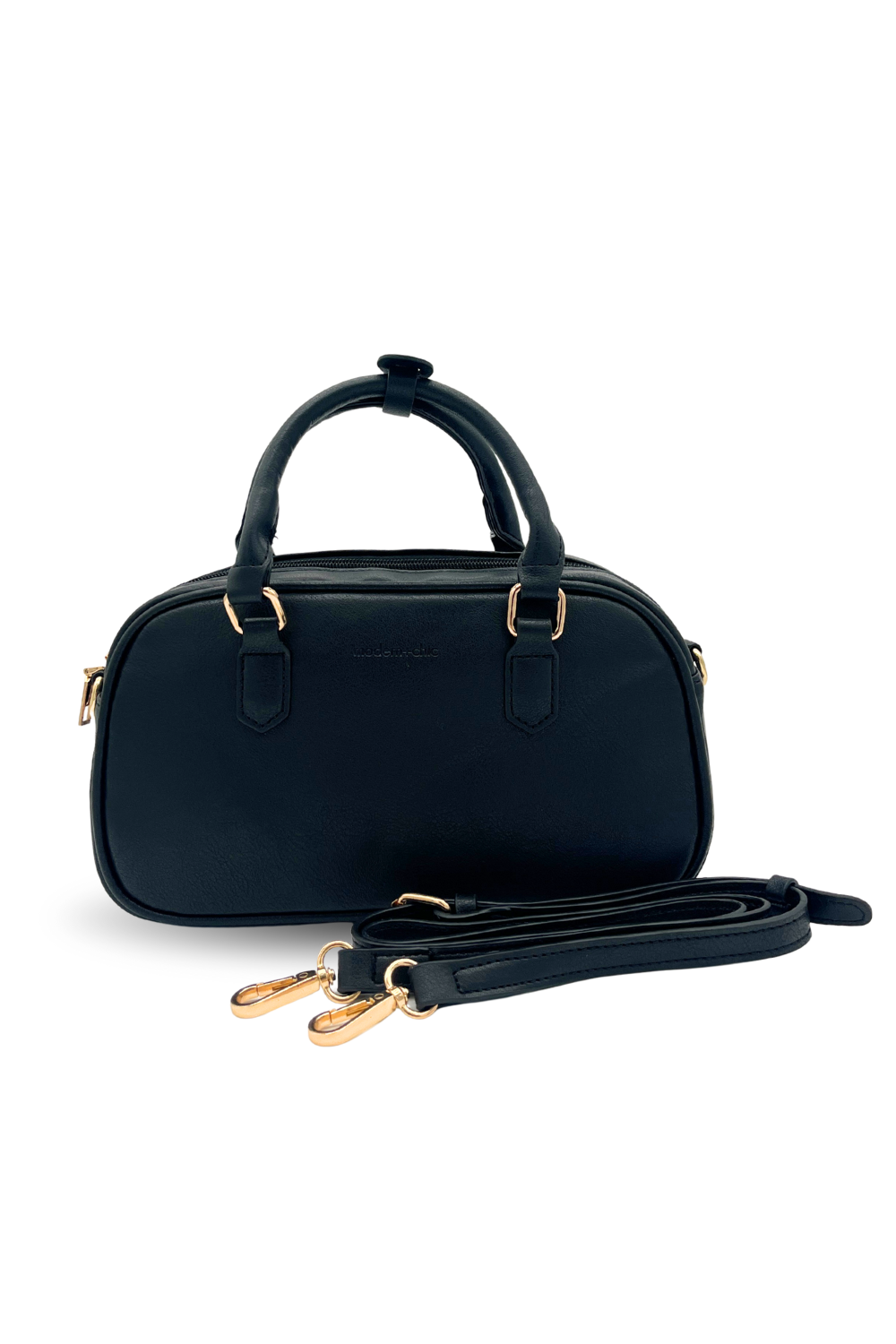 A navy Drury Road Remi Vegan Leather Crossbody Purse with gold hardware on white background. 
