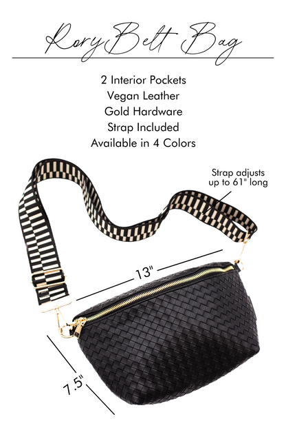 A graphic image pointing out the features and benefits of a black criss cross style Drury Road Rory Oversized Belt Bag for Women with a gold zipper and hardware crossbody.