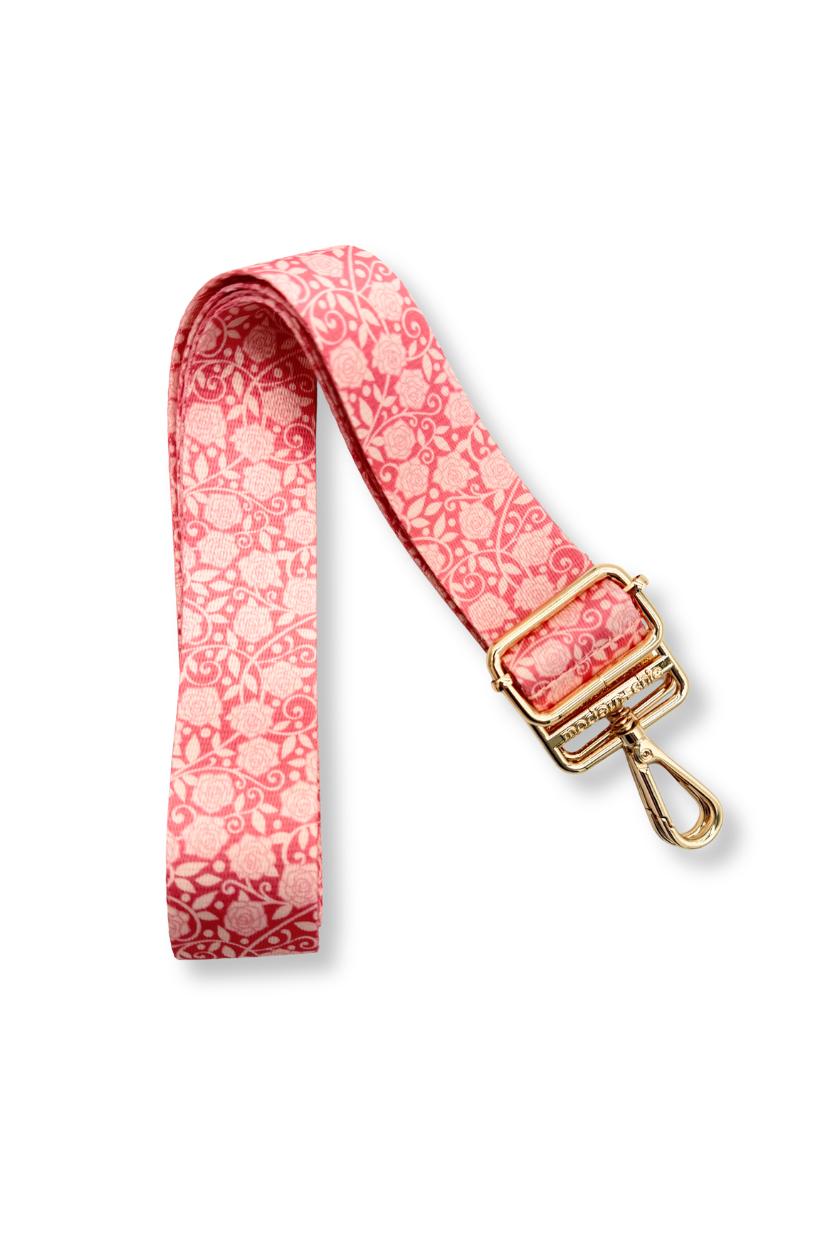 Drury Road Rosebud Floral Adjustable Bag Strap for Purses on a white backdrop.