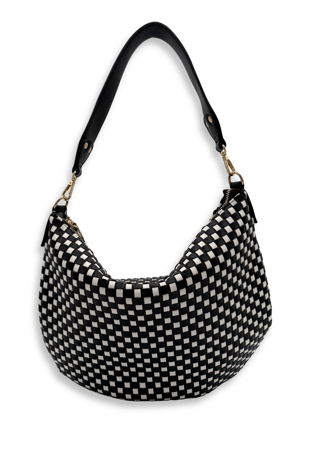 A black and white woven Drury Road Savannah Slouchy Tote – Women's Shoulder & Crossbody Bag on a white background. 