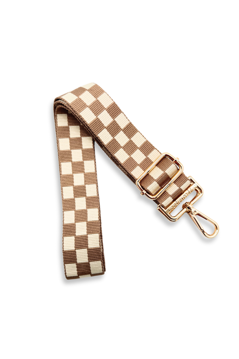 Tan and white Drury Road Lizzie Checkered Purse Strap for Crossbody Bags on a white background.