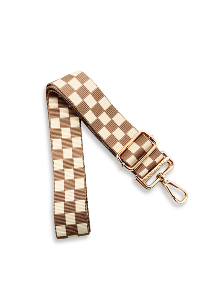 Tan and white Drury Road Lizzie Checkered Purse Strap for Crossbody Bags on a white background.